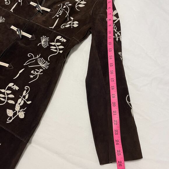 Vintage Arden B Brown Suede Leather Coat Ivory Embroidery Women L (runs small) - Picture 6 of 8